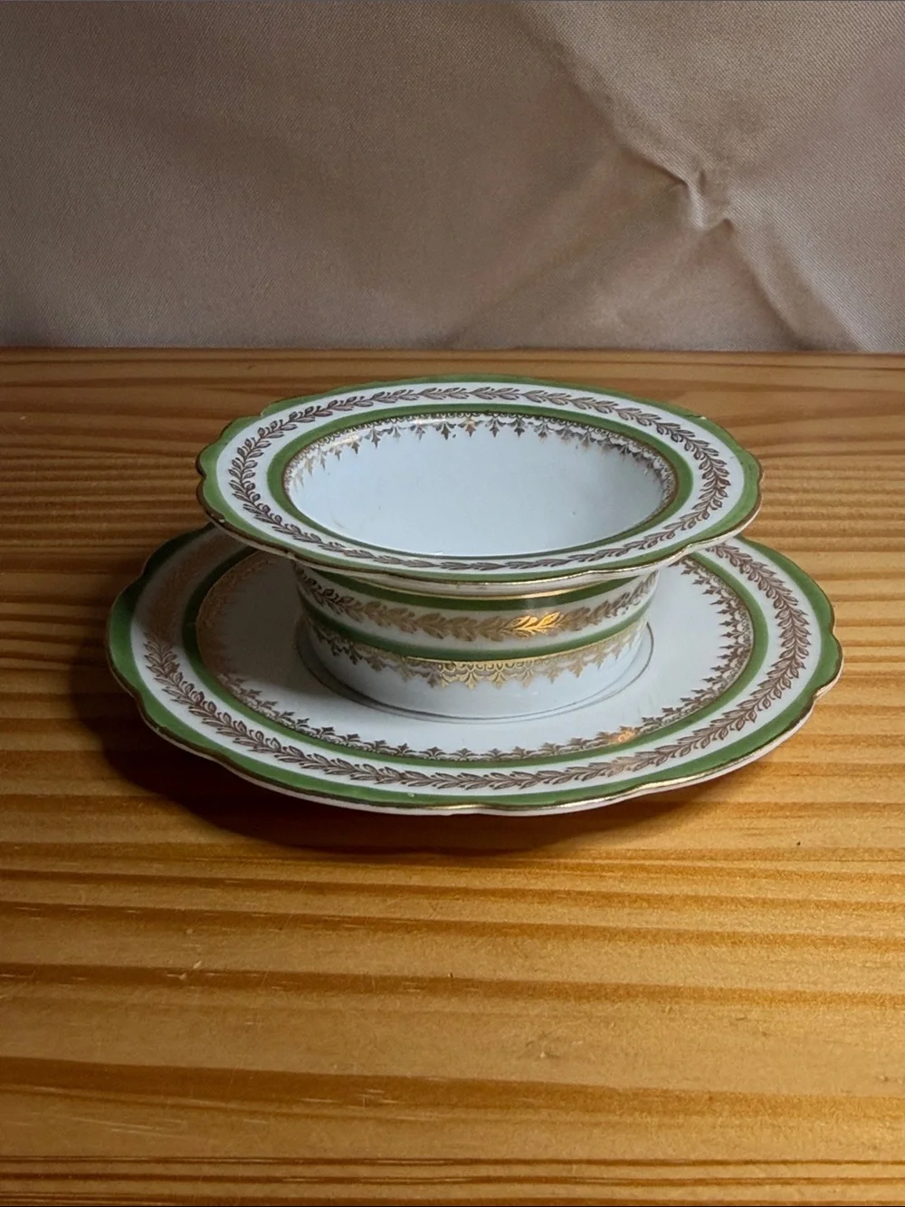 Antique Imperial China Austria Green Gold Ramekin & Underplate Set c.1900